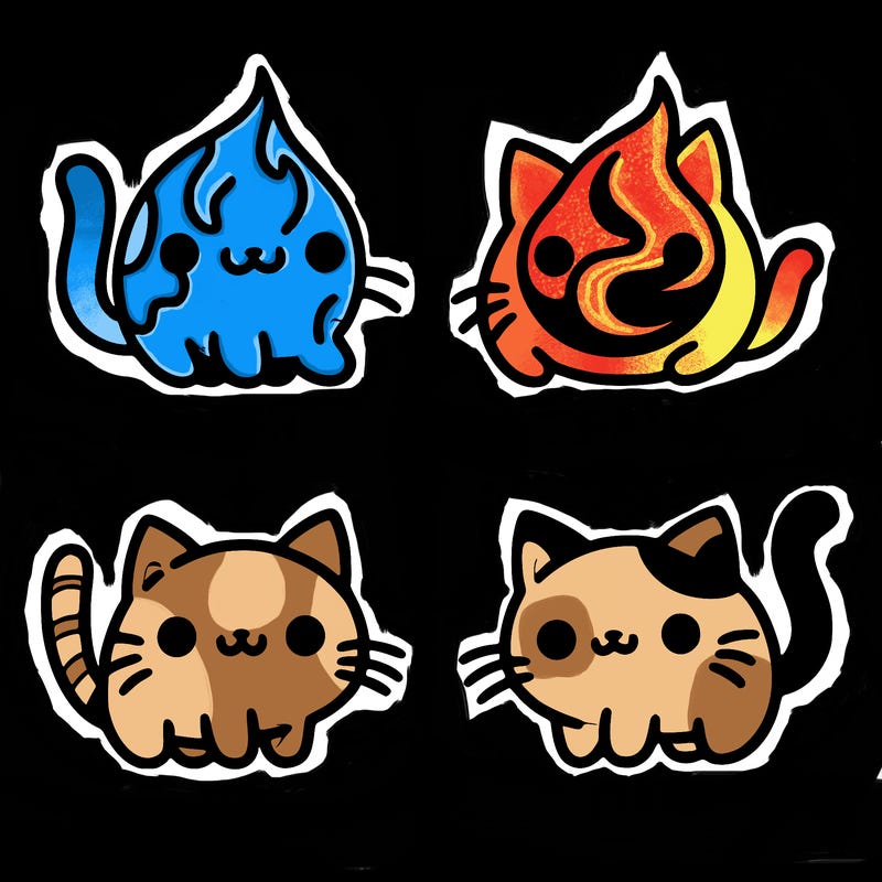 4 cats that represent the different elements, earth, water, air, and fire