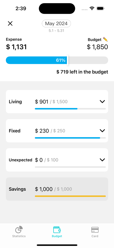 Monthly budget management interface of Weple Money app showing expense progress bars for living fixed and unexpected categories