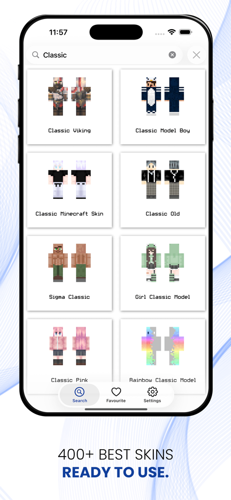 Gamer Skins for Minecraft ! - A search results screen in the Gamer Skins app showing various classic Minecraft character skins in a grid.