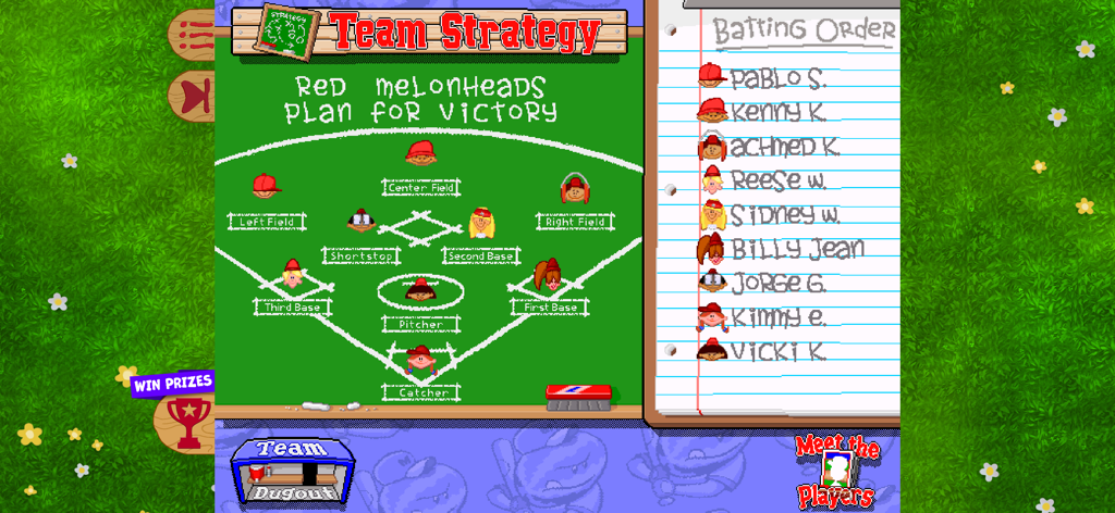 Backyard Baseball '97 - Backyard Baseball 97 team strategy screen showing player positions and batting order for the Red Melonheads