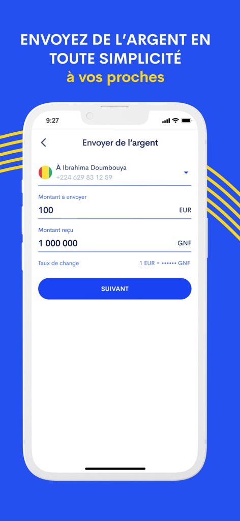YMO - Transfert d'argent - YMO mobile app interface showing a money transfer from Euro to Guinean Franc for a recipient in Guinea.