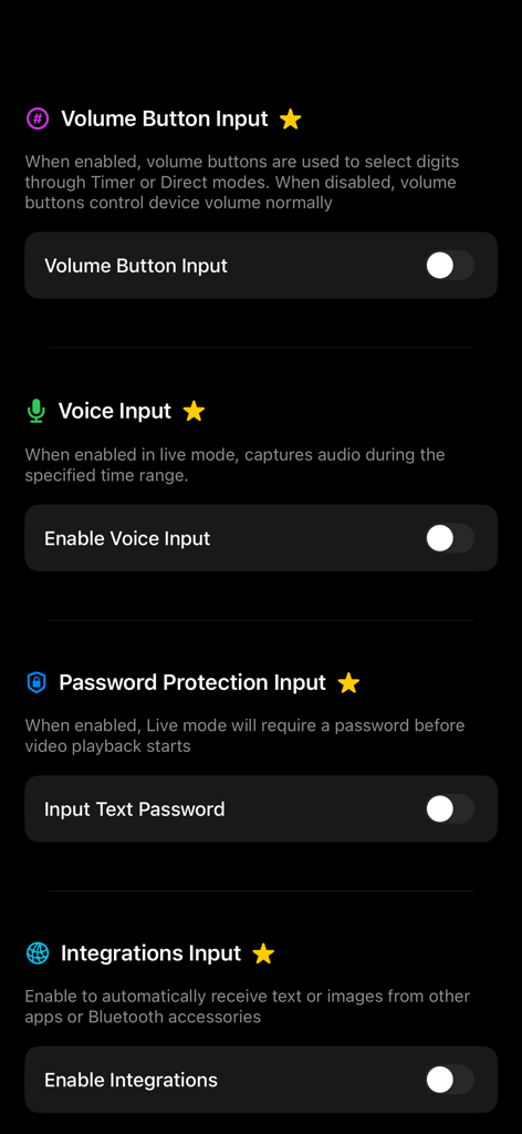 OmniReveal - OmniReveal app settings screen showing input options for volume buttons voice commands password protection and external integrations
