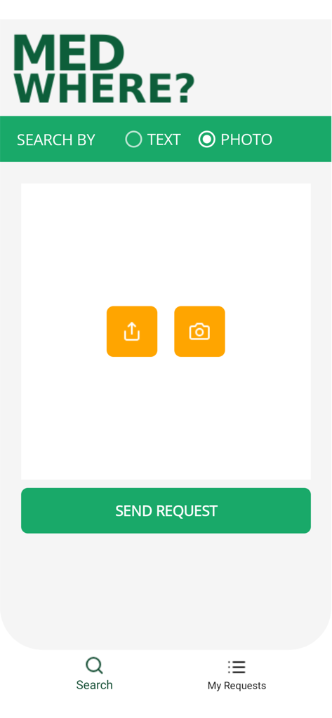 MEDwhere - Suchbildschirm der MEDwhere-App, der die Option zeigt, Apothekenprodukte durch Hochladen eines Fotos zu finden
