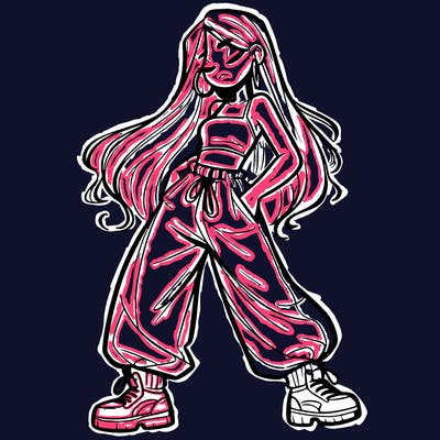 girl in baggy pants crop top and long hair