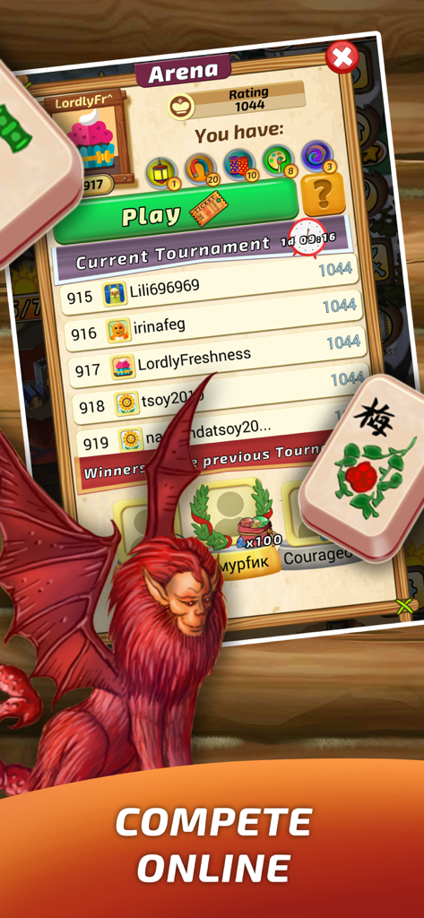 Mahjong Village Solitaire game - Mahjong Village Solitaire Arena mode showing an online tournament leaderboard and player rankings