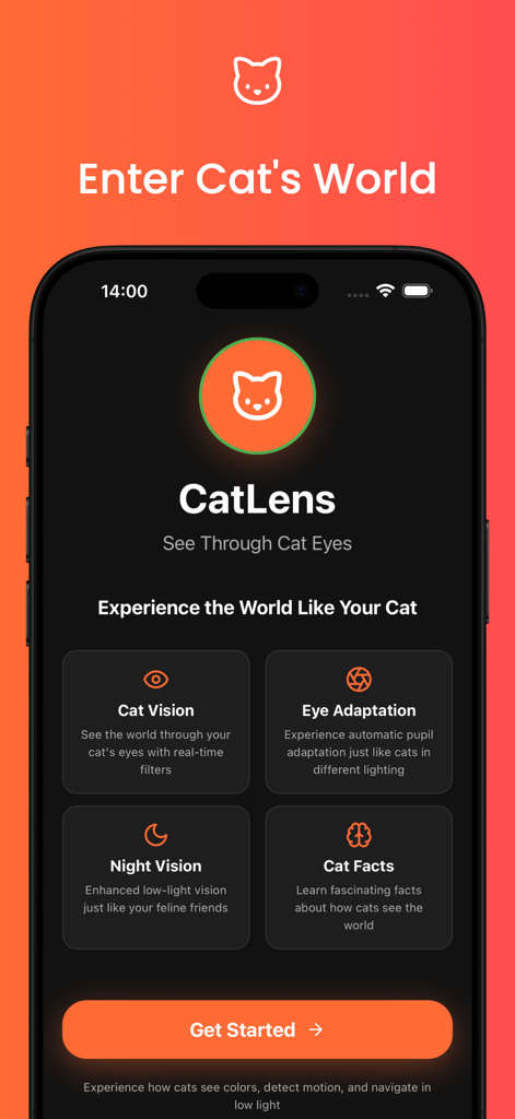 CatLens: See Through Cat Eyes - Home screen of CatLens app showing features like Cat Vision and Night Vision with a Get Started button