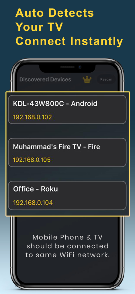 Universal TV Remote Control - Interface of the Universal TV Remote app showing a list of discovered smart TVs like Android Fire TV and Roku on a WiFi network