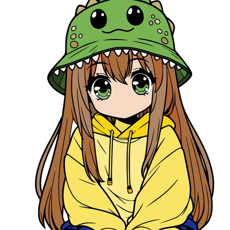 girl with anime shaped eyes with a dinosaur bucket hat oversized sweatshirt long straight hair