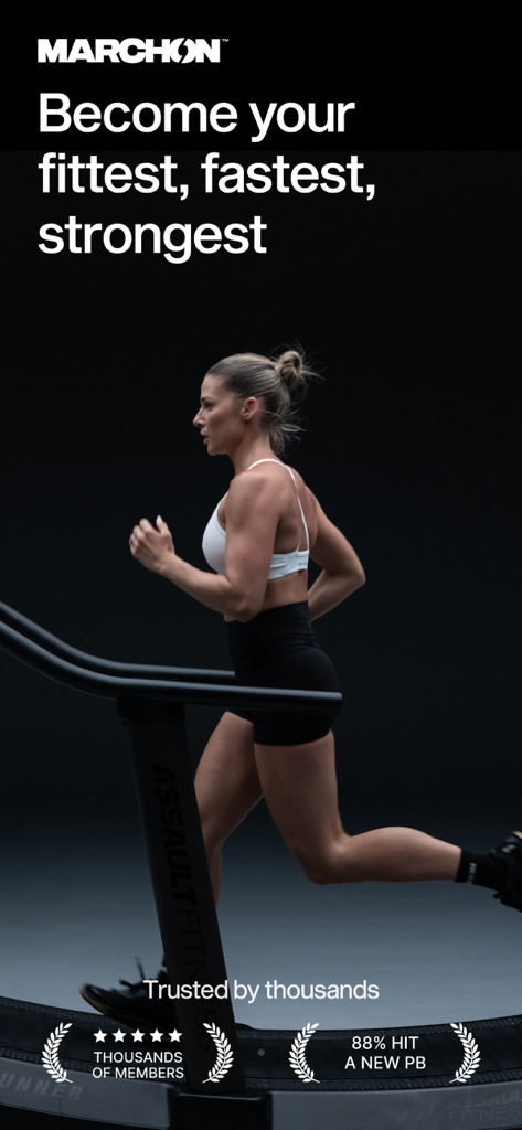 MARCHON TRAINING - Mulher atlética correndo em uma esteira com o título Torne-se sua versão mais em forma, mais rápida e mais forte.