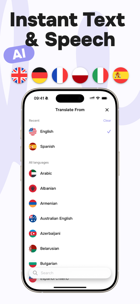 Ave mobile app interface showing a list of supported languages for instant text and speech translation with AI.