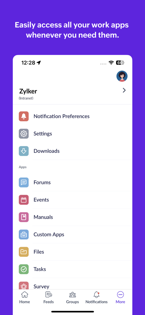 Zoho Connect - Interface do Zoho Connect exibindo um menu centralizado de aplicativos de trabalho, incluindo Fóruns, Eventos, Arquivos e Tarefas.