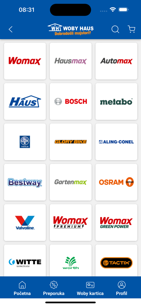 Woby Haus - Woby Haus mobile app screen displaying available brands like Bosch Metabo and Womax