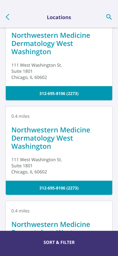 Screenshot of the MyNM app showing a list of Northwestern Medicine locations in Chicago with contact details.