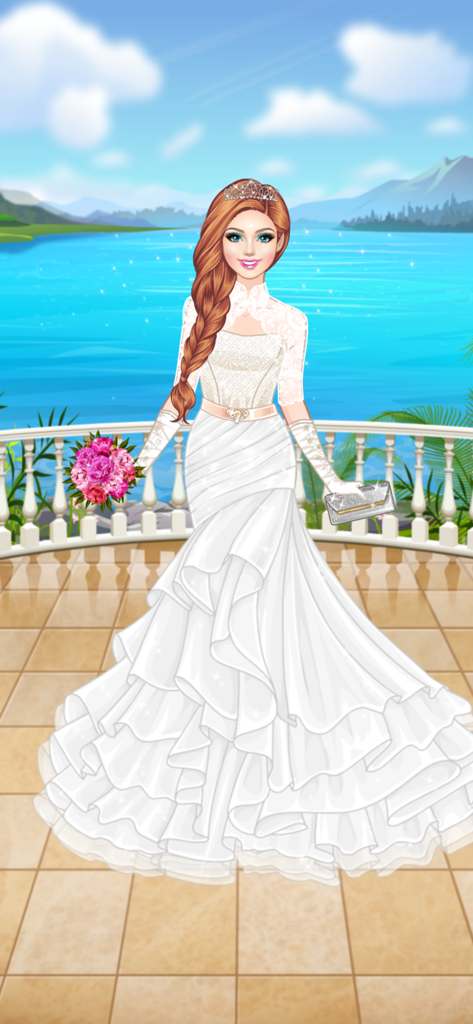 Una ragazza elegante con un abito da sposa bianco tiene in mano fiori rosa su un balcone con vista sul lago