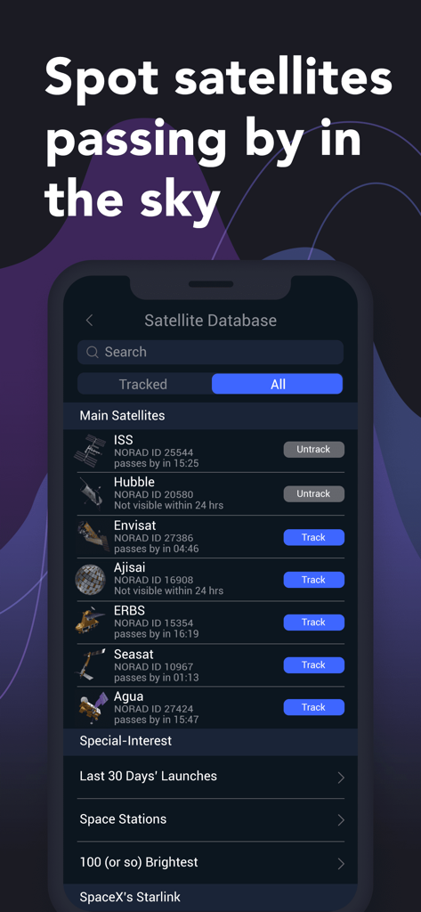 Satellite Tracker by Star Walk - Interface of the Satellite Tracker app displaying a searchable list of satellites for tracking