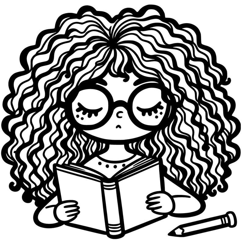 curly haired girl with glasses reading a book
