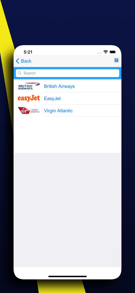 UK Flights: See live all Sky - Écran de recherche de l'application UK Flights listant British Airways, EasyJet et Virgin Atlantic