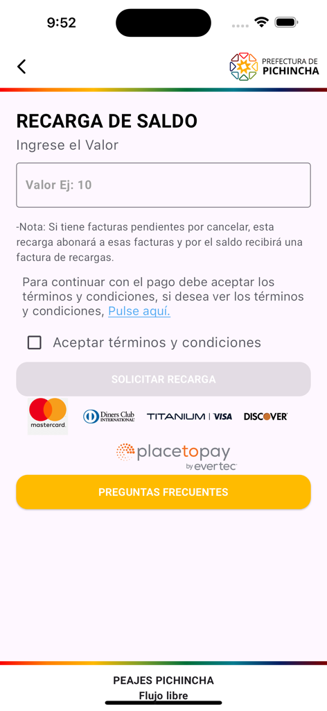 Peajes Pichincha V2 - Pantalla de recarga de saldo de la aplicación Peajes Pichincha que presenta logotipos de métodos de pago y un campo de entrada de valor.
