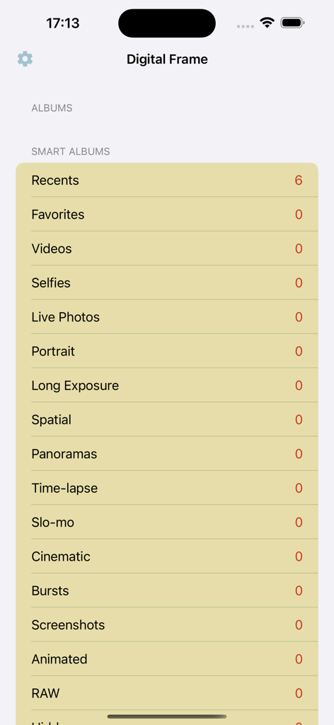 Digital Frame - Digital Frame app screen showing a selection of smart photo albums for slideshows
