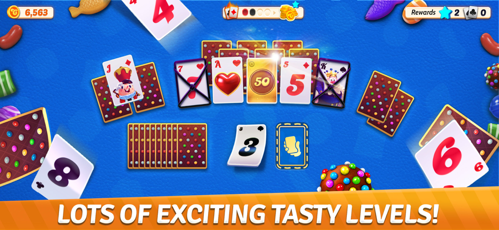 Candy Crush Solitaire - Candy Crush Solitaire gameplay screen showing TriPeaks card levels with candy themed elements