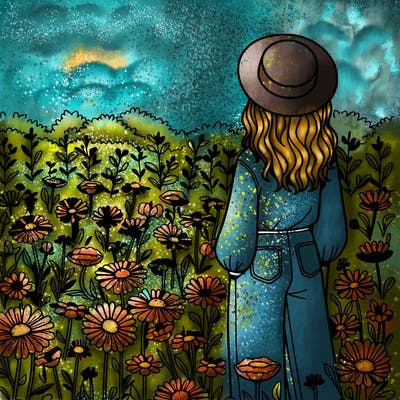 a woman in a field of flowers