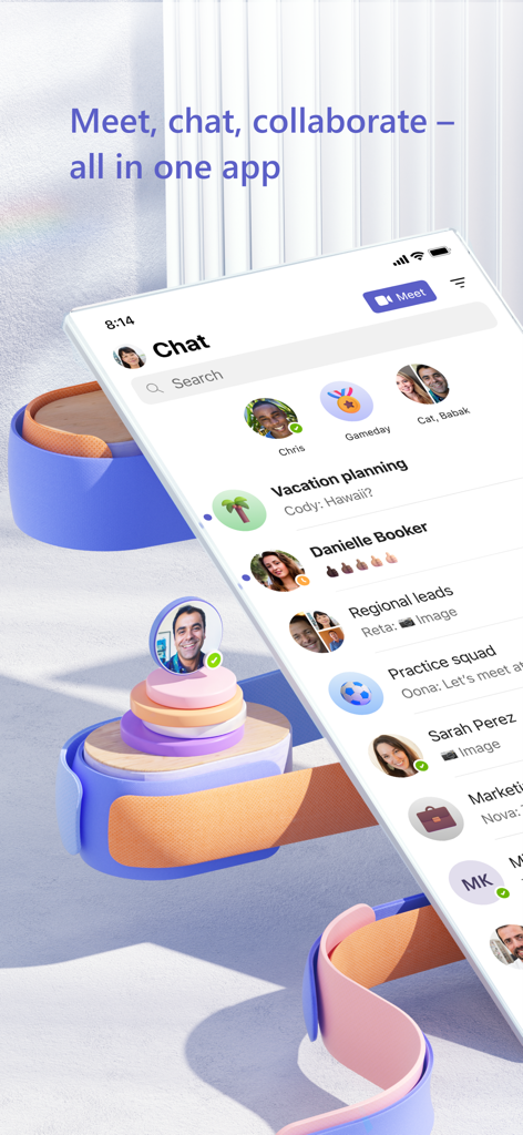 연락처 목록과 그룹 메시지가 있는 Microsoft Teams 채팅 인터페이스를 표시하는 모바일 스마트폰