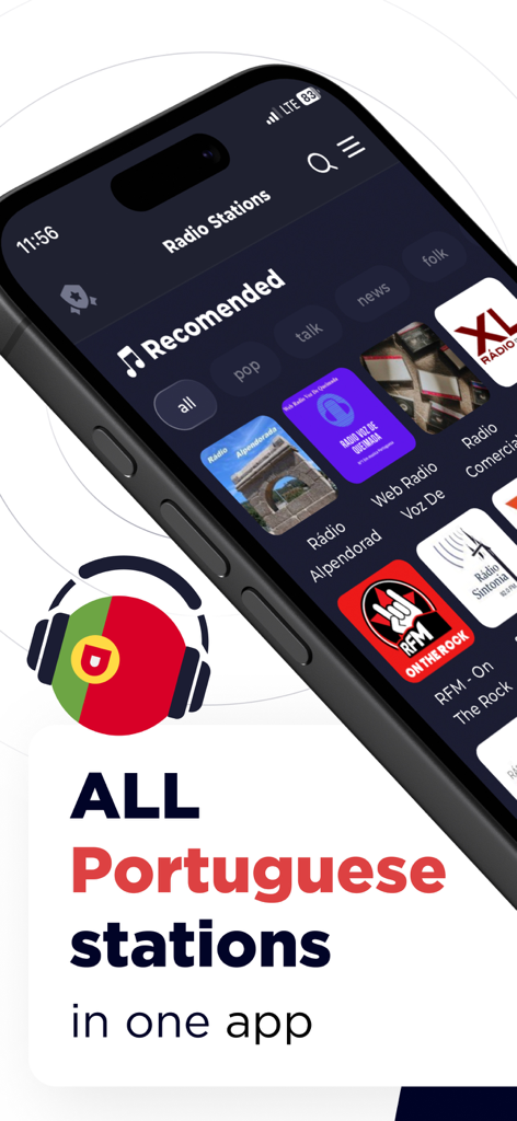 Interfaz de la aplicación móvil Radio Portugal Live FM AM mostrando emisoras de radio recomendadas y categorías