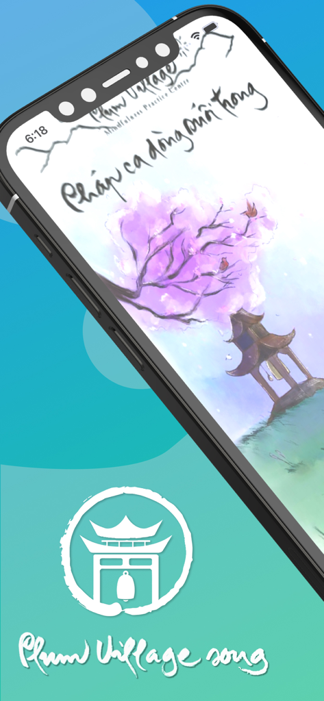 Splash screen of the Plum Village Songs app with peaceful artwork and a temple logo