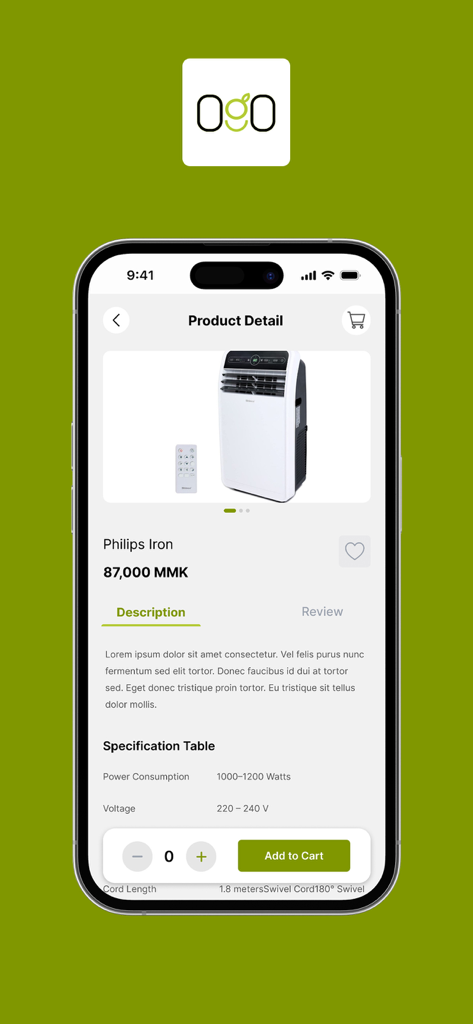 OGO Home - OGO Home 모바일 앱 제품 페이지, 설명 및 사양이 있는 가전제품 표시