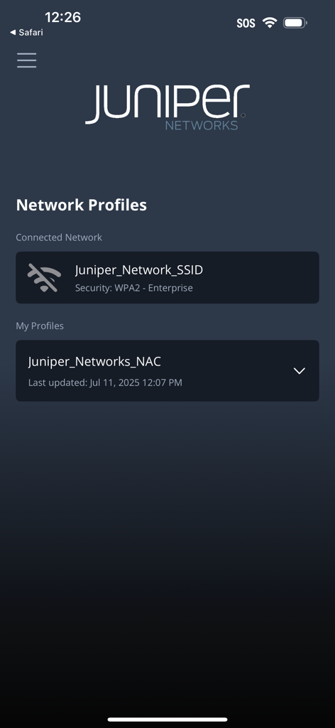 L'app Marvis Client mostra un elenco di profili di rete e l'SSID Juniper Networks connesso.