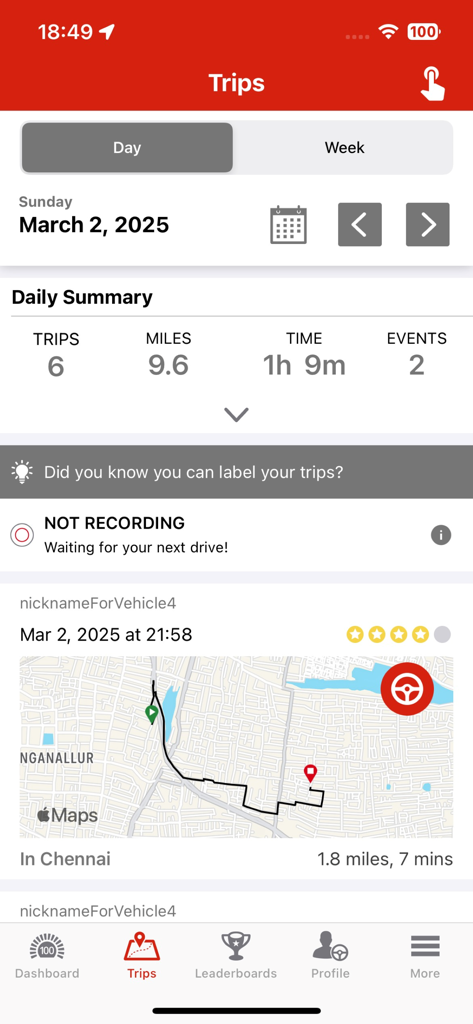 Interface of the Drive Safe and Save Business app showing a trip map and daily driving statistics including miles and time.