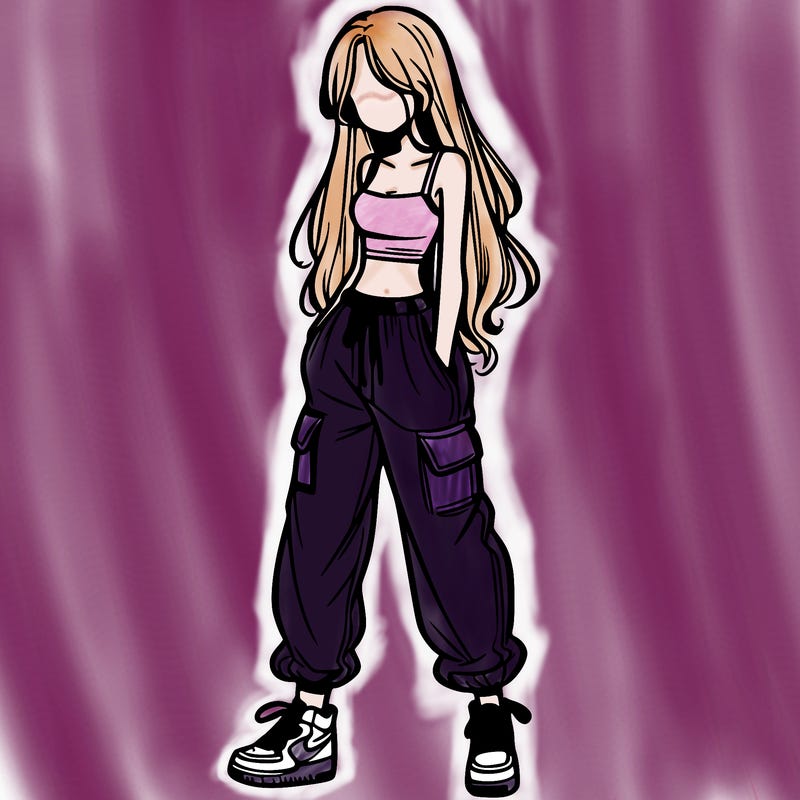 girl in baggy pants crop top and long hair