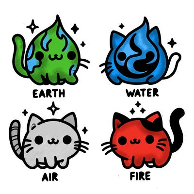 4 cats that represent the different elements, earth, water, air, and fire