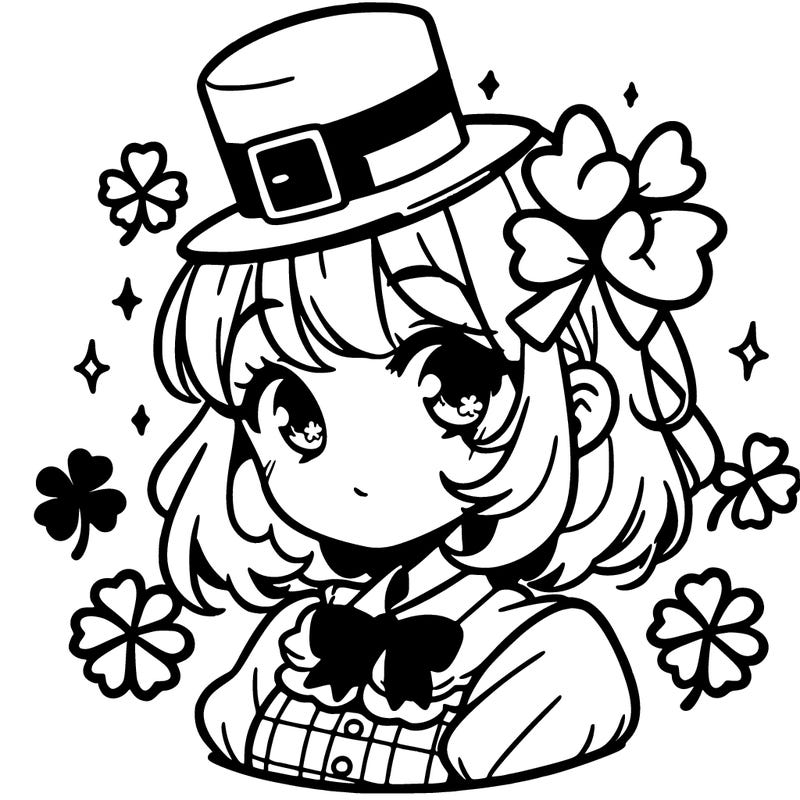 a manga-style girl with clovers around her, a little hat in her hair, like it's saint patrick's day