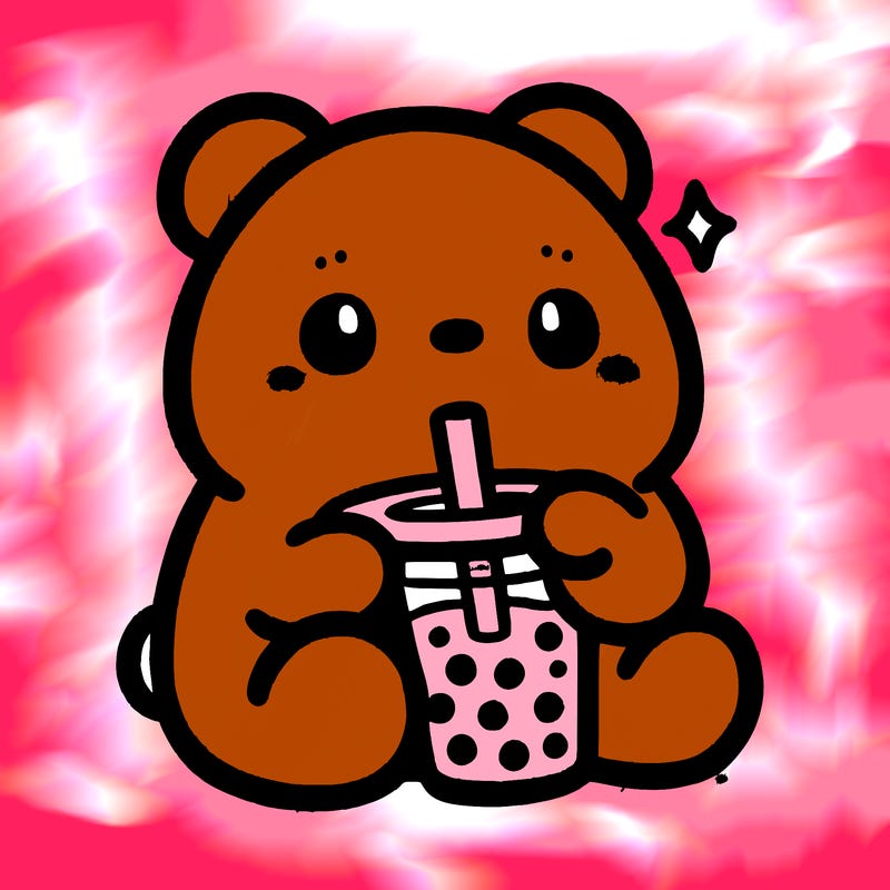 a cute bear drinking boba