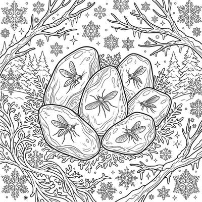 Journey back in time with this unique coloring page featuring fossilized flies perfectly preserved in amber. Set against a serene winter backdrop, it offers a fascinating and intricate design for teen artists.