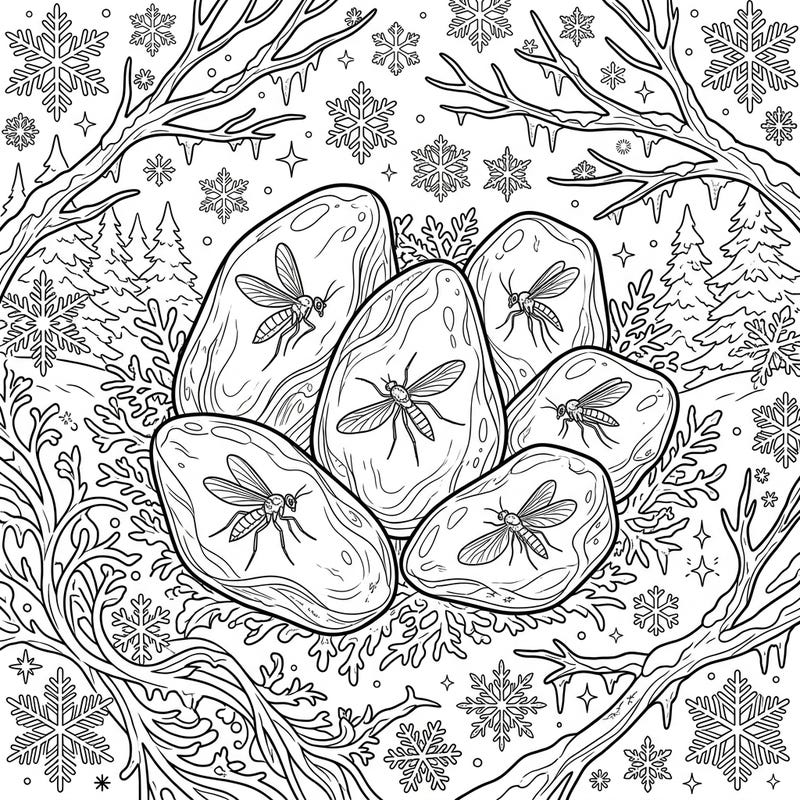 Journey back in time with this unique coloring page featuring fossilized flies perfectly preserved in amber. Set against a serene winter backdrop, it offers a fascinating and intricate design for teen artists.
