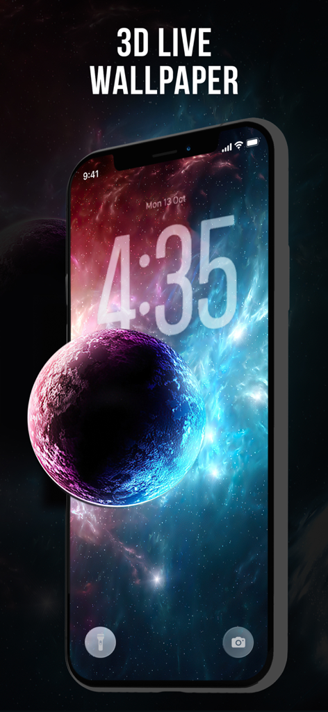 Lock Screen Depth 3D Wallpaper - An iPhone displaying a 3D live wallpaper of a purple planet in a cosmic nebula with a depth effect