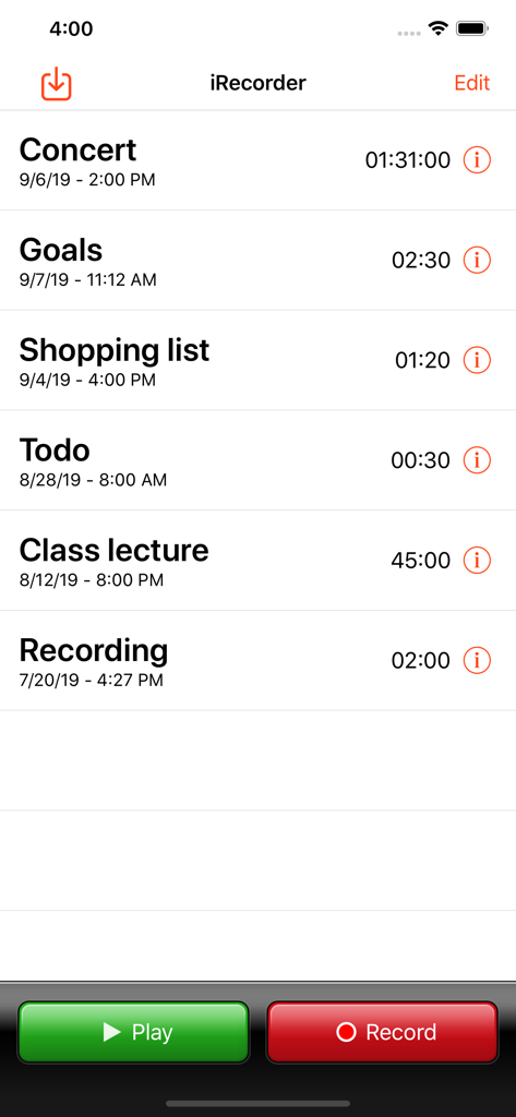 Interface of the iRecorder Pro app showing a list of saved audio recordings with play and record buttons