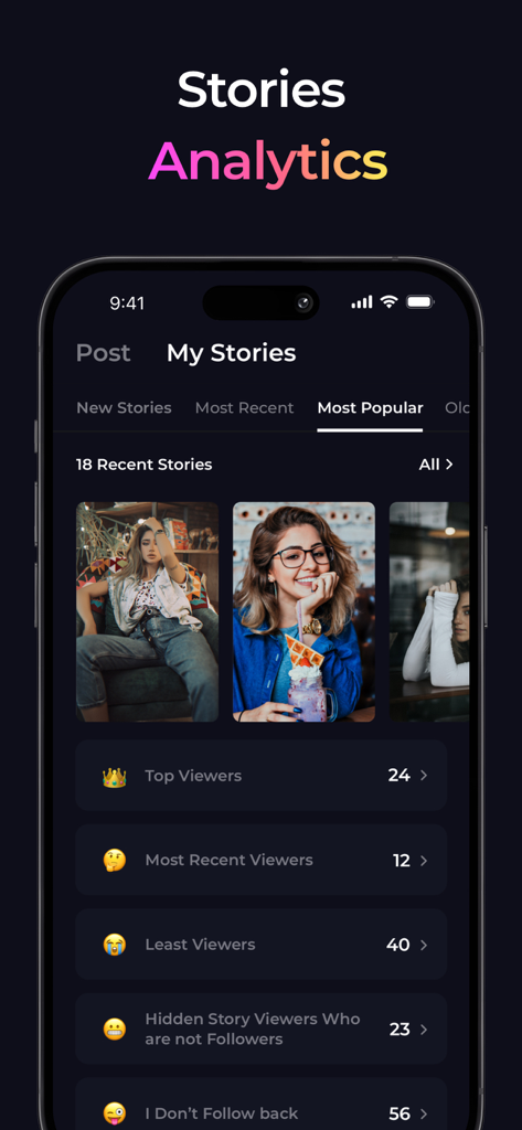 Reports+ for Followers Tracker - インスタグラムのストーリー分析と視聴者インサイトを表示するモバイルアプリダッシュボード