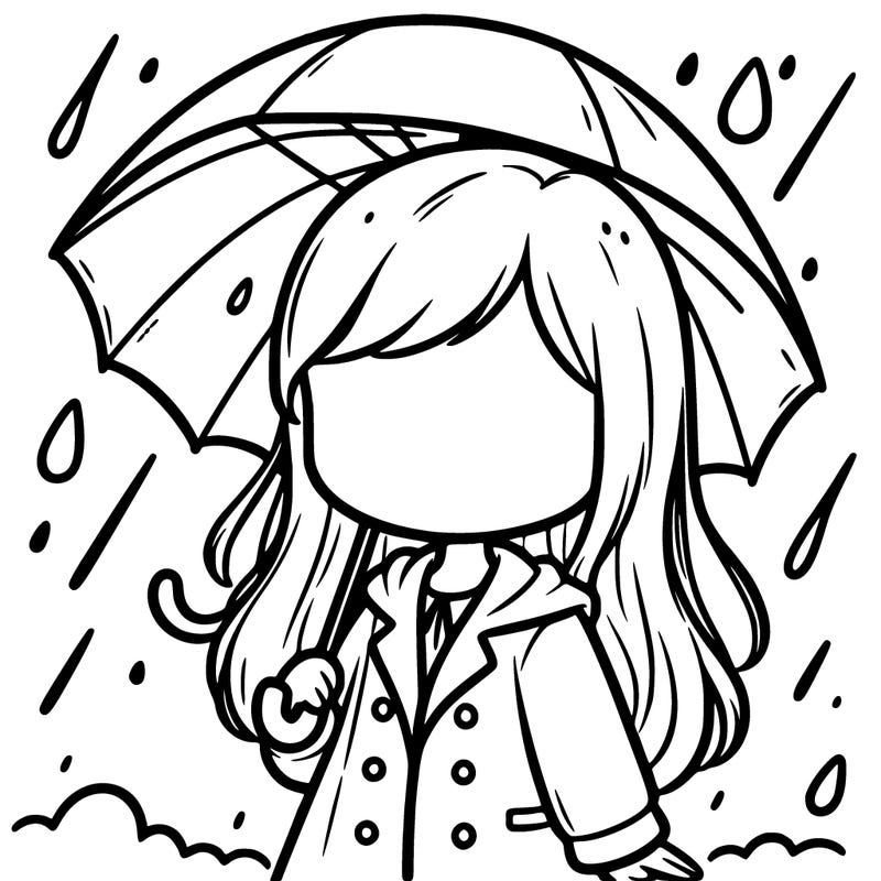 a faceless girl in a raincoat standing in the rain holding an umbrella