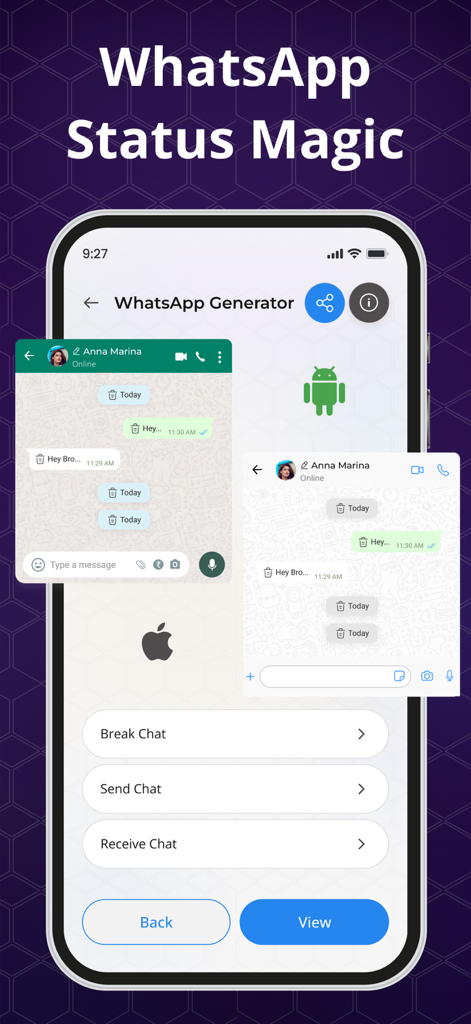 Mobile interface of the WhatsApp Generator tool within the Quotes Maker app for creating custom chat simulations