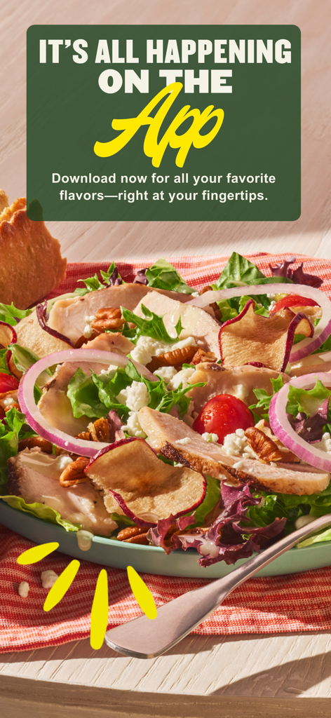 新鮮なガーデンサラダをフィーチャーしたパネラブレッドモバイルアプリのプロモーション画面。