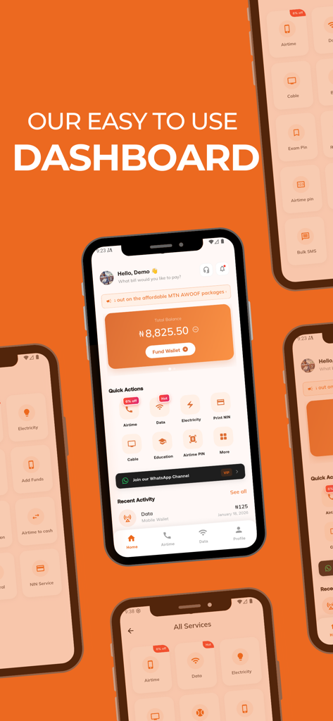 MinatPay: Cheap Data & Airtime - Panel de la app móvil MinatPay que muestra opciones para tiempo aire, datos y pago de facturas de electricidad