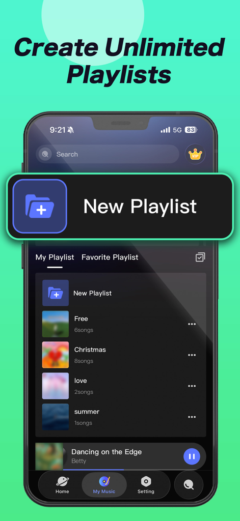 Melodista - Offline Music - Melodista app interface showing the unlimited playlists creation feature in dark mode