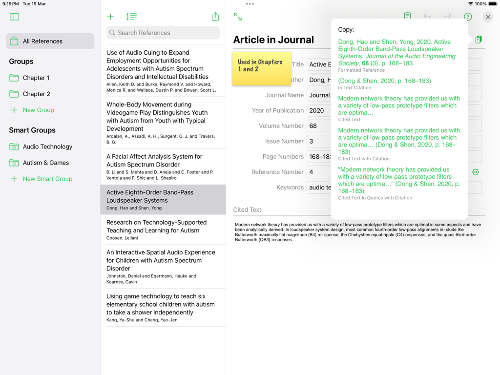 Reference Tracker - Reference Tracker app on iPad showing academic reference management and formatted citation copy options.