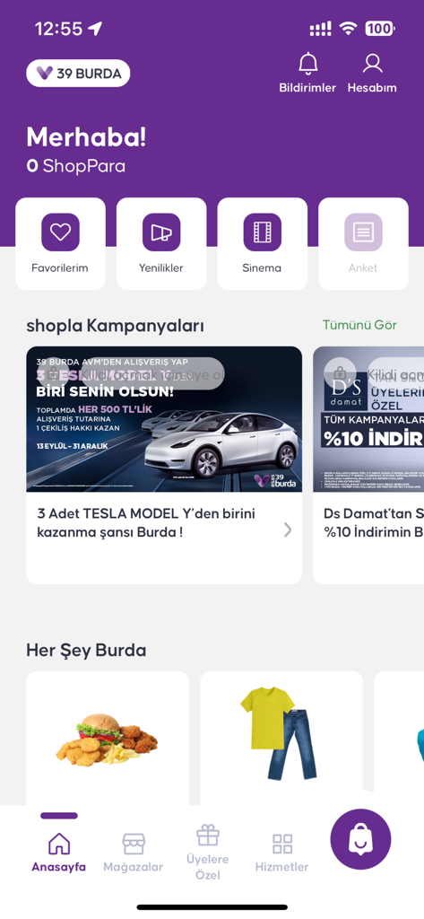 Homepage of the shopla mobile app displaying rewards balance and shopping campaigns