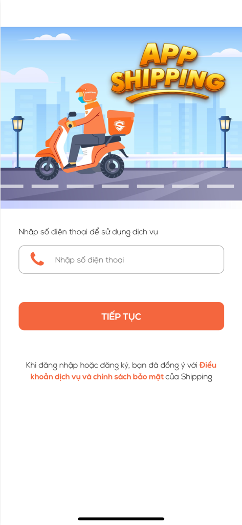 App Shipping - App Shippingのモバイルアプリのログイン画面。電話番号入力と配達のイラストが表示されています。