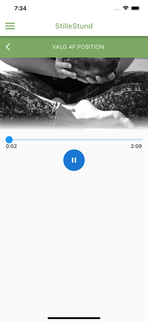 Guided meditation playback screen on the StilleStund app with a singing bowl image
