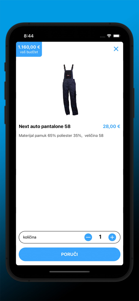 Página de producto de la aplicación NextAuto para pantalones de trabajo de mecánico con precio y botón de pedido